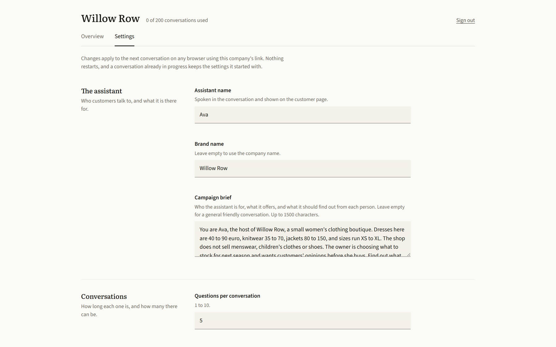 The settings page of Lyra's admin for Willow Row: the assistant name Ava, the brand name Willow Row, and the campaign brief in a text box that begins You are Ava, the host of Willow Row.