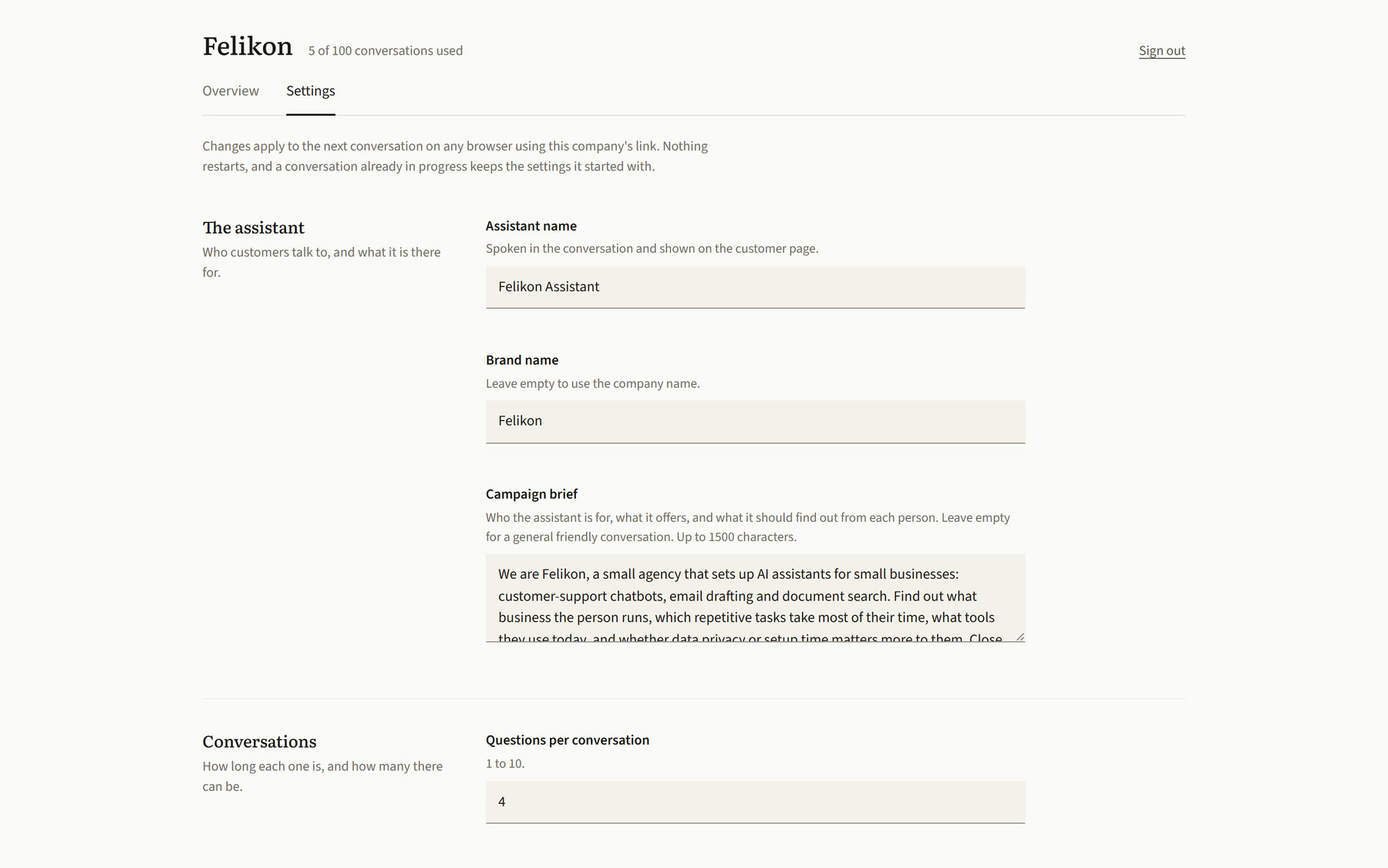 The settings page of Lyra's admin for Felikon: the assistant name Felikon Assistant, the brand name Felikon, the campaign brief that begins We are Felikon, a small agency, and four questions per conversation.