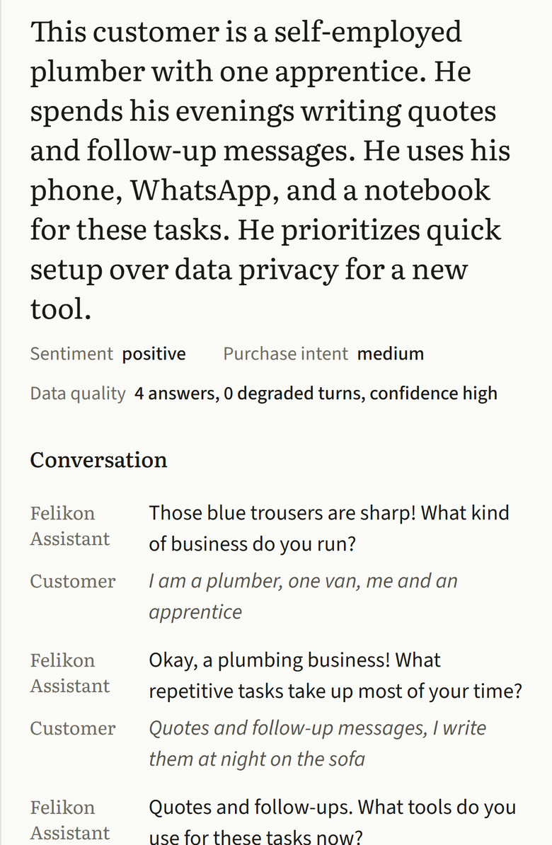 A visitor's report in Lyra's admin on a phone. It begins: This customer is a self-employed plumber with one apprentice. He spends his evenings writing quotes and follow-up messages. He uses his phone, WhatsApp, and a notebook for these tasks. He prioritizes quick setup over data privacy for a new tool. Beneath it, sentiment and purchase intent, then the transcript.